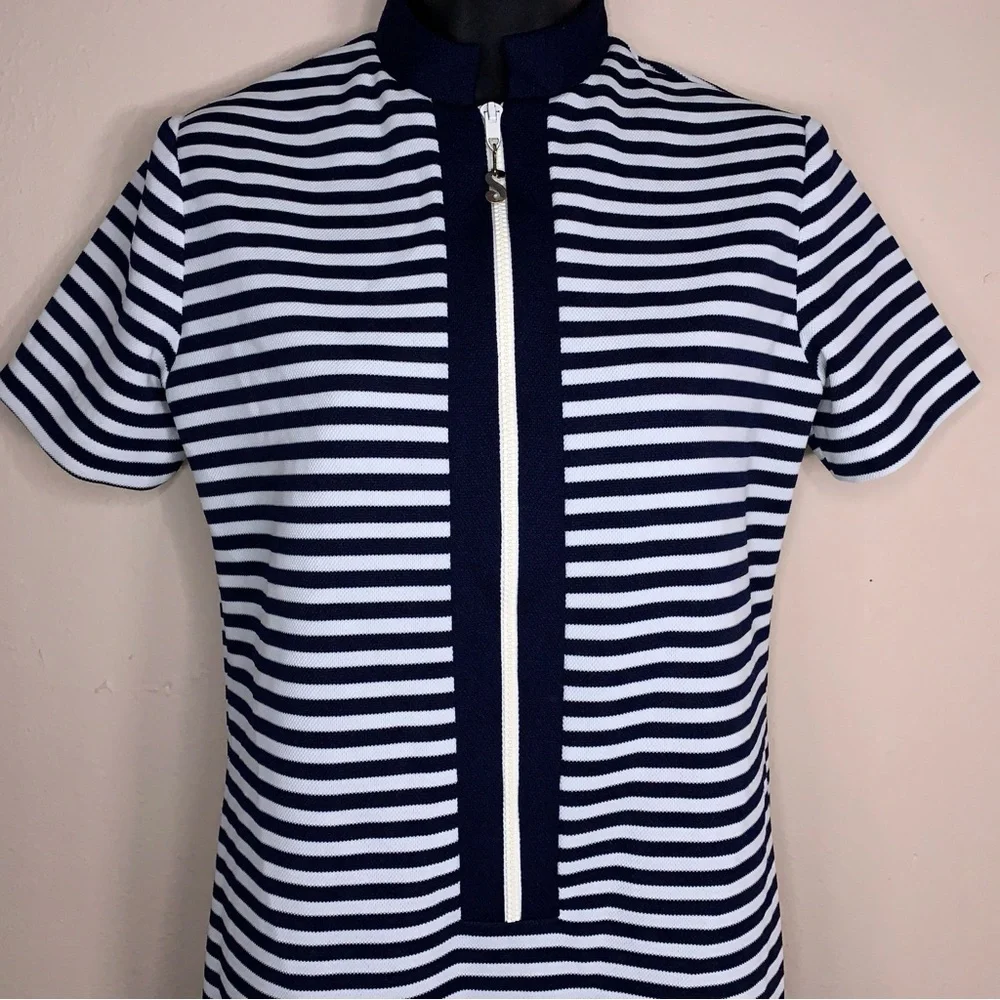 Vintage Serbin Size 6 Navy Blue And White Striped Dress Short Sleeve Sporty